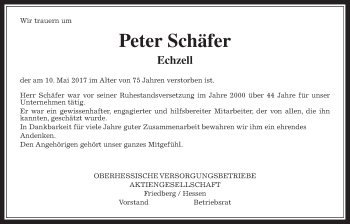 Traueranzeige von Peter Schäfer von Wetterauer Zeitung, Wetterauer Zeitung