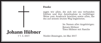 Traueranzeige von Johann Hübner von Giessener Allgemeine, Alsfelder Allgemeine