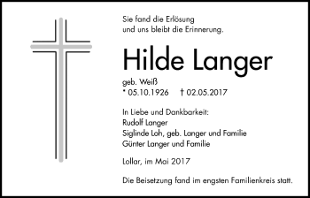 Traueranzeige von Hilde Langer von Giessener Allgemeine, Alsfelder Allgemeine