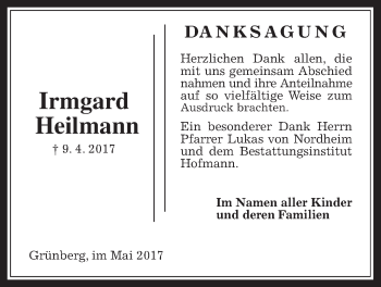 Traueranzeige von Irmgard Heilmann von Giessener Allgemeine, Alsfelder Allgemeine
