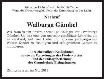 Traueranzeige von Walburga Gümbel von Giessener Allgemeine, Alsfelder Allgemeine