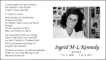 Traueranzeige von Ingrid  Kennedy von Wetterauer Zeitung, Wetterauer Zeitung, Wetterauer Zeitung, Wetterauer Zeitung