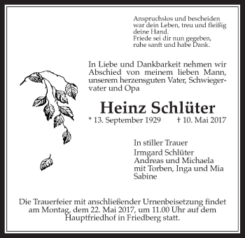 Traueranzeige von Heinz Schlüter von Wetterauer Zeitung, Wetterauer Zeitung