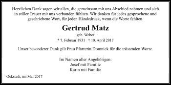 Traueranzeige von Gertrud Matz von Wetterauer Zeitung, Wetterauer Zeitung