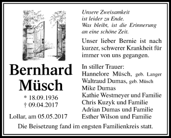 Traueranzeige von Bernhard Müsch von Giessener Allgemeine, Alsfelder Allgemeine