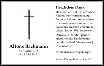 Traueranzeige von Alfons Bachmann von Wetterauer Zeitung, Wetterauer Zeitung