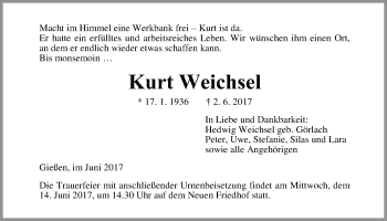 Traueranzeige von Kurt Weichsel von Giessener Allgemeine, Alsfelder Allgemeine