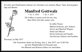 Traueranzeige von Manfred Gottwalz von Wetterauer Zeitung, Wetterauer Zeitung