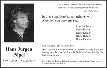 Traueranzeige von Hans Jürgen Pöpel von Wetterauer Zeitung, Wetterauer Zeitung