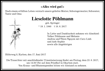 Traueranzeige von Lieselotte Pöhlmann von Wetterauer Zeitung