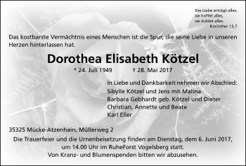 Traueranzeige von Dorothea Elisabeth Kötzel von Giessener Allgemeine, Alsfelder Allgemeine