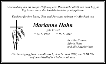 Traueranzeige von Marianne Hahn von Giessener Allgemeine, Alsfelder Allgemeine