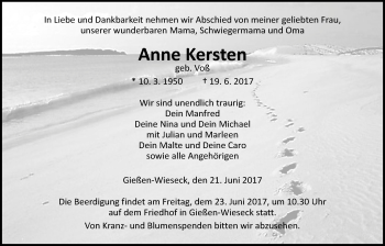 Traueranzeige von Anne Kersten von Giessener Allgemeine, Alsfelder Allgemeine