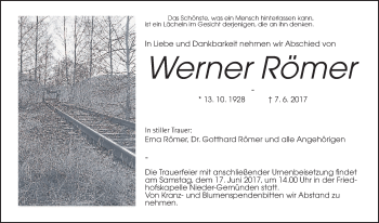 Traueranzeige von Werner Römer von Alsfelder Allgemeine