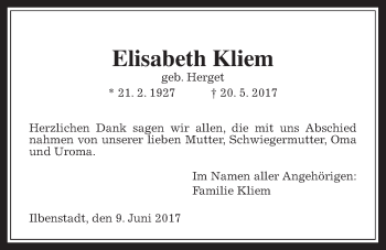 Traueranzeige von Elisabeth Kliem von Wetterauer Zeitung, Wetterauer Zeitung