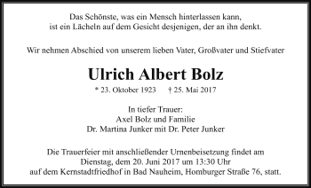 Traueranzeige von Ulrich Albert Bolz von Wetterauer Zeitung, Wetterauer Zeitung