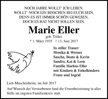 Traueranzeige von Marie Eller von Licher Wochenblatt, Licher Wochenblatt, Licher Wochenblatt