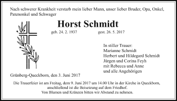 Traueranzeige von Horst Schmidt von Giessener Allgemeine, Alsfelder Allgemeine