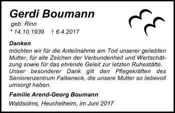 Traueranzeige von Gerdi Boumann von Giessener Allgemeine, Alsfelder Allgemeine
