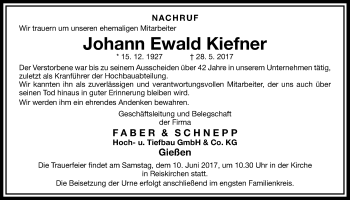 Traueranzeige von Johann Ewald Kiefner von Giessener Allgemeine, Alsfelder Allgemeine