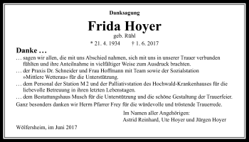 Traueranzeige von Frida Hoyer von Wetterauer Zeitung, Wetterauer Zeitung