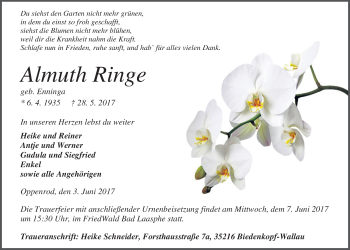 Traueranzeige von Almuth Ringe von Giessener Allgemeine, Alsfelder Allgemeine