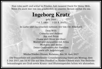 Traueranzeige von Ingeborg Kratz von Giessener Allgemeine, Alsfelder Allgemeine