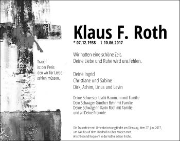Traueranzeige von Klaus  Roth von Wetterauer Zeitung, Wetterauer Zeitung