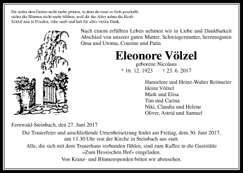 Traueranzeige von Eleonore Völzel von Giessener Allgemeine, Alsfelder Allgemeine