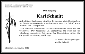 Traueranzeige von Karl Schmitt von Giessener Allgemeine, Alsfelder Allgemeine