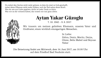 Traueranzeige von Aytan Yakar Güzoglu von Wetterauer Zeitung, Wetterauer Zeitung