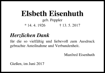 Traueranzeige von Elsbeth Eisenhuth von Giessener Allgemeine, Alsfelder Allgemeine