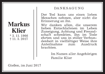 Traueranzeige von Markus Klier von Giessener Allgemeine, Alsfelder Allgemeine