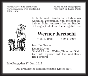 Traueranzeige von Werner Kretschi von Wetterauer Zeitung, Wetterauer Zeitung