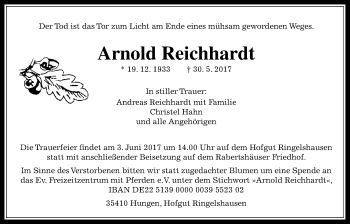 Traueranzeige von Arnold Reichhardt von Giessener Allgemeine, Alsfelder Allgemeine, Wetterauer Zeitung, Wetterauer Zeitung