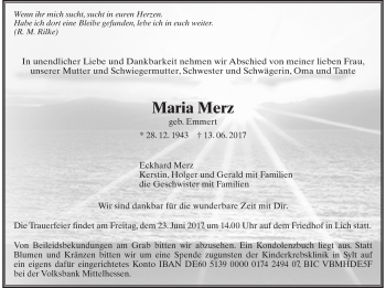 Traueranzeige von Maria Merz von Giessener Allgemeine, Alsfelder Allgemeine, Wetterauer Zeitung, Wetterauer Zeitung