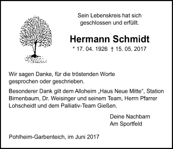 Traueranzeige von Hermann Schmidt von Pohlheimer Nachrichten