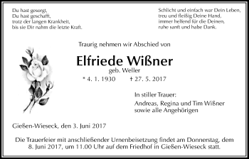 Traueranzeige von Elfriede Wißner von Giessener Allgemeine, Alsfelder Allgemeine