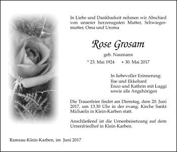 Traueranzeige von Rose Grosum von Wetterauer Zeitung