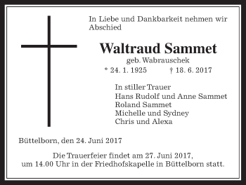 Traueranzeige von Waltraud Sammet von Wetterauer Zeitung, Wetterauer Zeitung