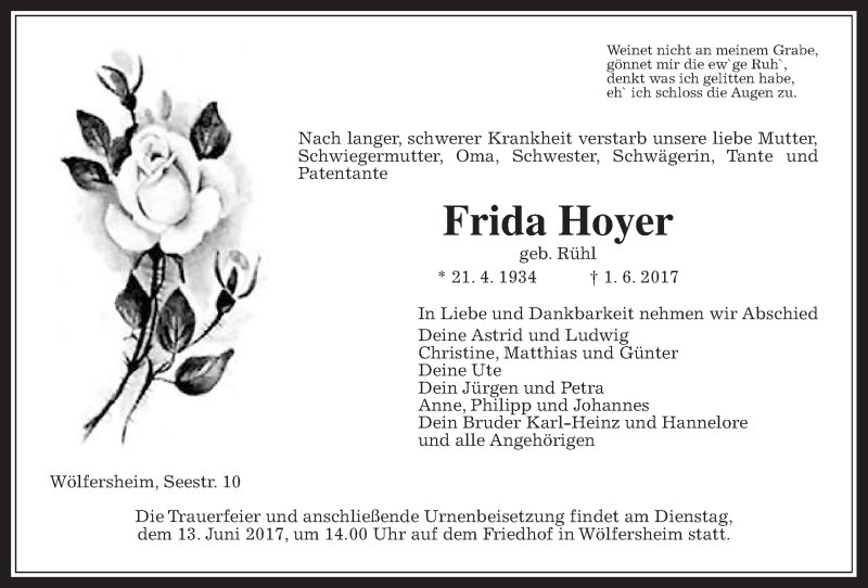  Traueranzeige für Frida Hoyer vom 09.06.2017 aus Wetterauer Zeitung, Wetterauer Zeitung