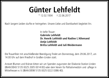 Traueranzeige von Günter Lehfeldt von Giessener Allgemeine, Alsfelder Allgemeine