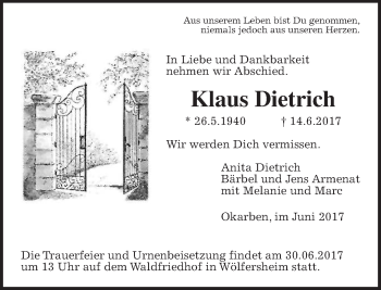 Traueranzeige von Klaus Dietrich von Wetterauer Zeitung, Wetterauer Zeitung