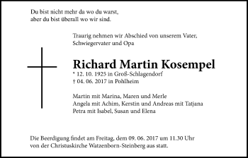 Traueranzeige von Richard Martin Kosempel von Giessener Allgemeine, Alsfelder Allgemeine