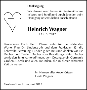 Traueranzeige von Heinrich Wagner von Giessener Allgemeine, Alsfelder Allgemeine