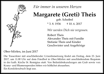 Traueranzeige von Margarete Theis von Wetterauer Zeitung, Wetterauer Zeitung