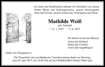 Traueranzeige von Mathilde Weiß von Wetterauer Zeitung, Wetterauer Zeitung