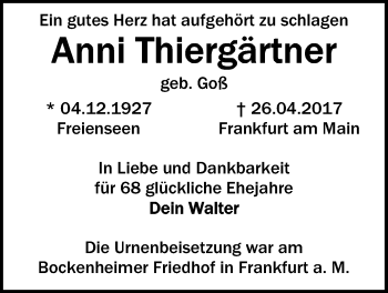 Traueranzeige von Anni Thiergärtner von Giessener Allgemeine, Alsfelder Allgemeine
