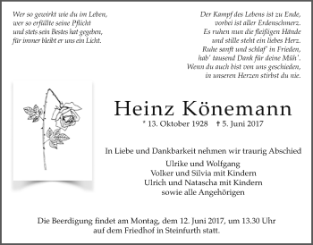Traueranzeige von Heinz Könemann von Wetterauer Zeitung, Wetterauer Zeitung