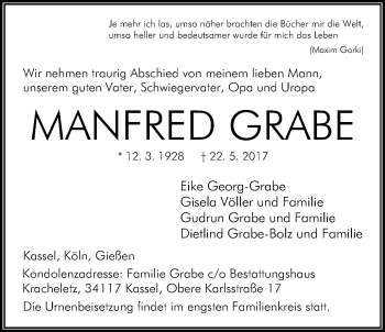 Traueranzeige von Manfred Grabe von Giessener Allgemeine, Alsfelder Allgemeine